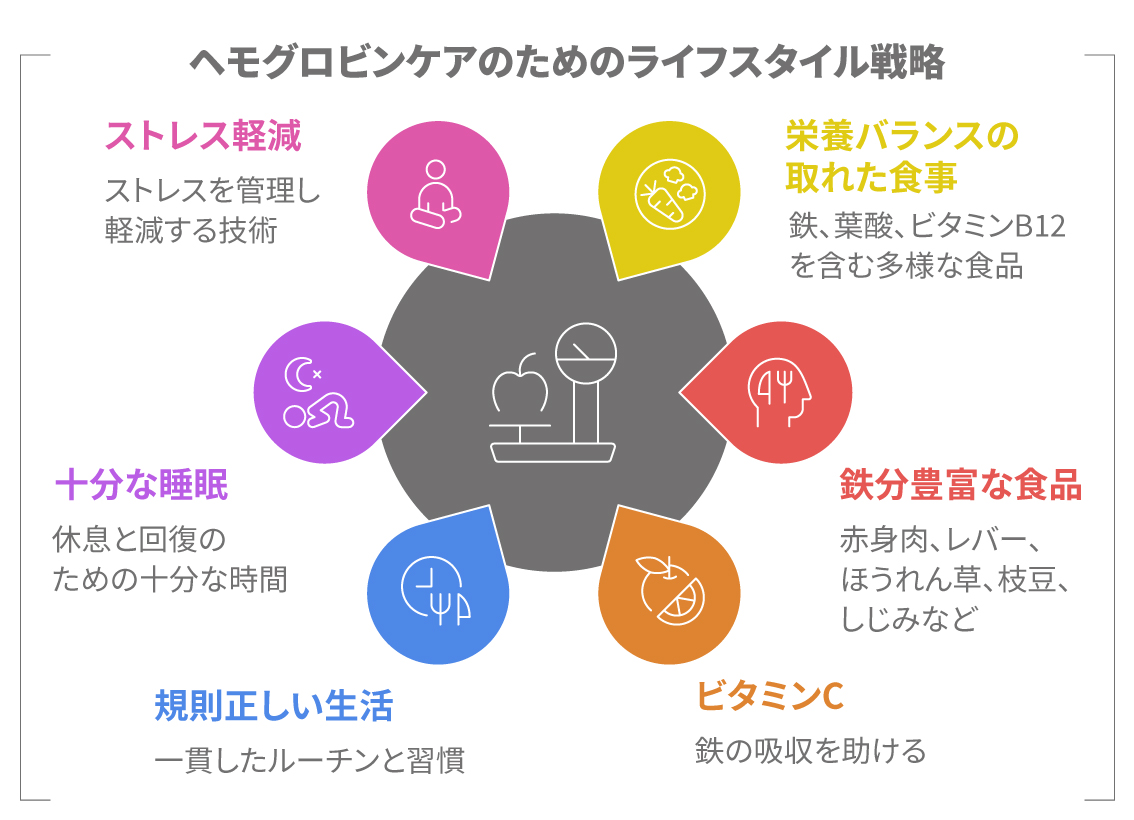 ヘモグロビンを保つための生活習慣を示す図。栄養バランス、鉄分、ビタミンC、睡眠、ストレス軽減など。